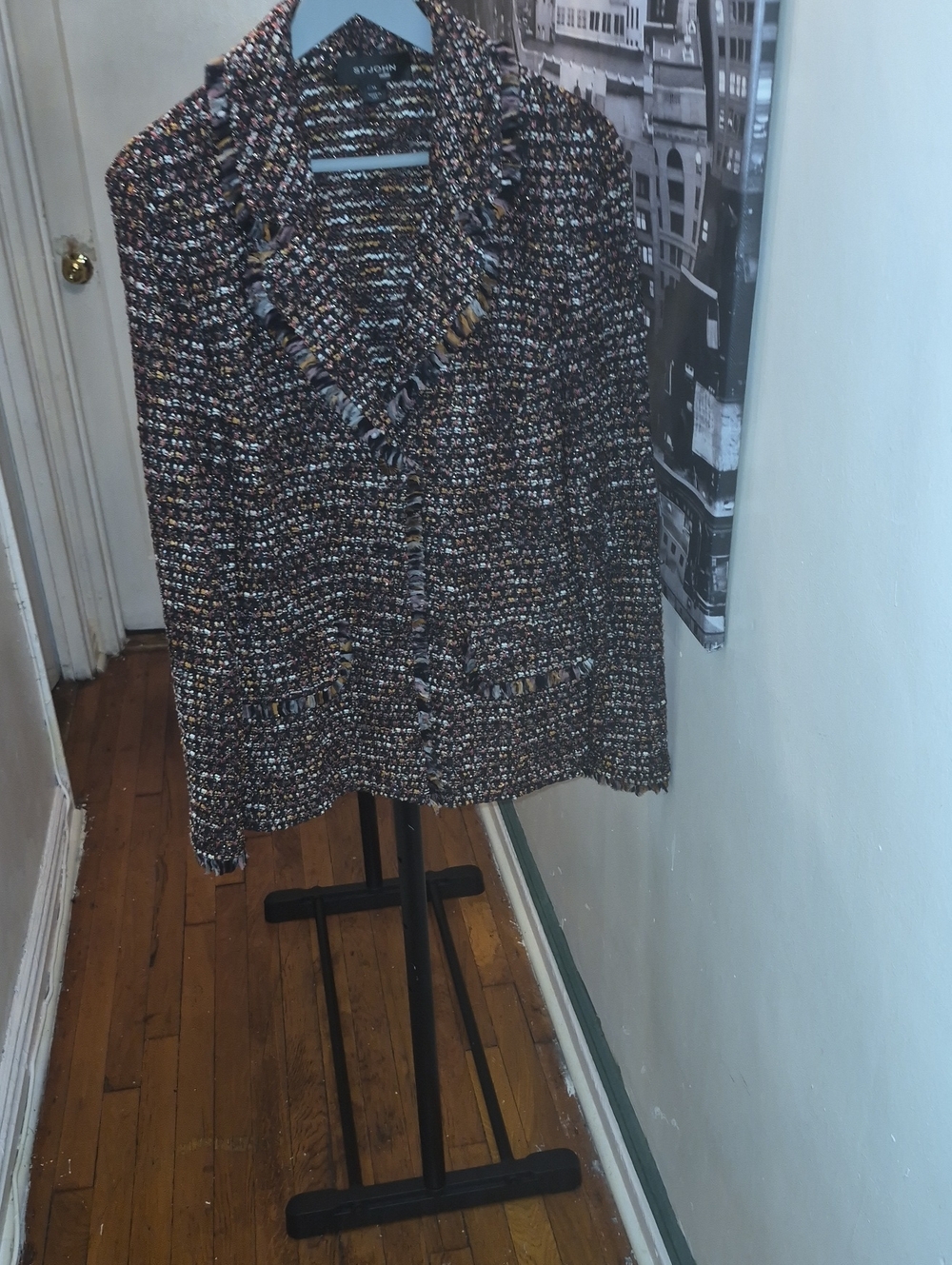 St. John Multicolor Tweed Cardigan Jacket - Black, Brown, Cream, Blue Accents